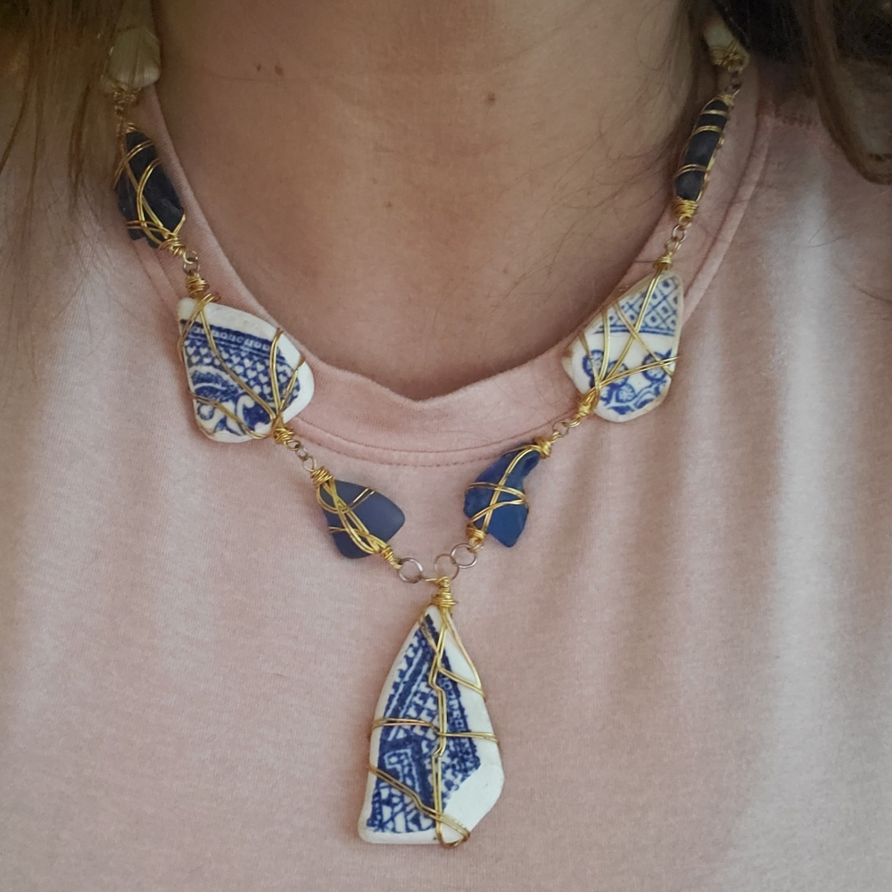 Beautiful porcelain and sea glass necklace handmade Bahamian